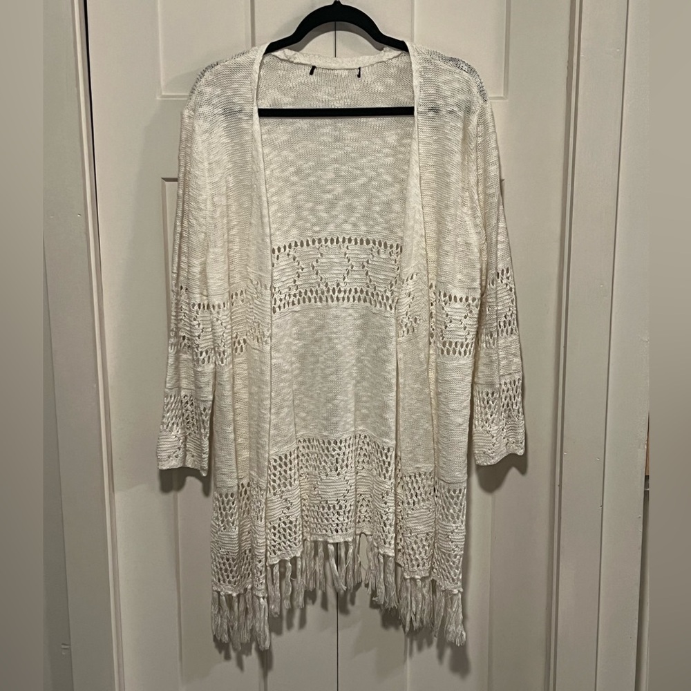 Cream Open-Front Crochet Cardigan Fringe Sweater